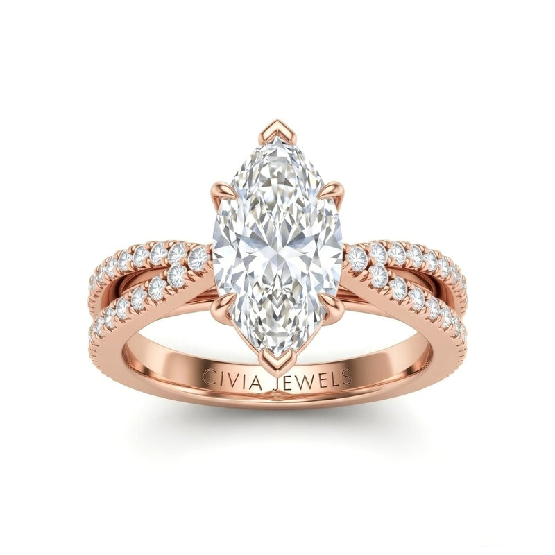 Rose Gold Marquise Cut Elevated Solitaire With Diamond Pavé Twisted Split Shank Engagement Ring