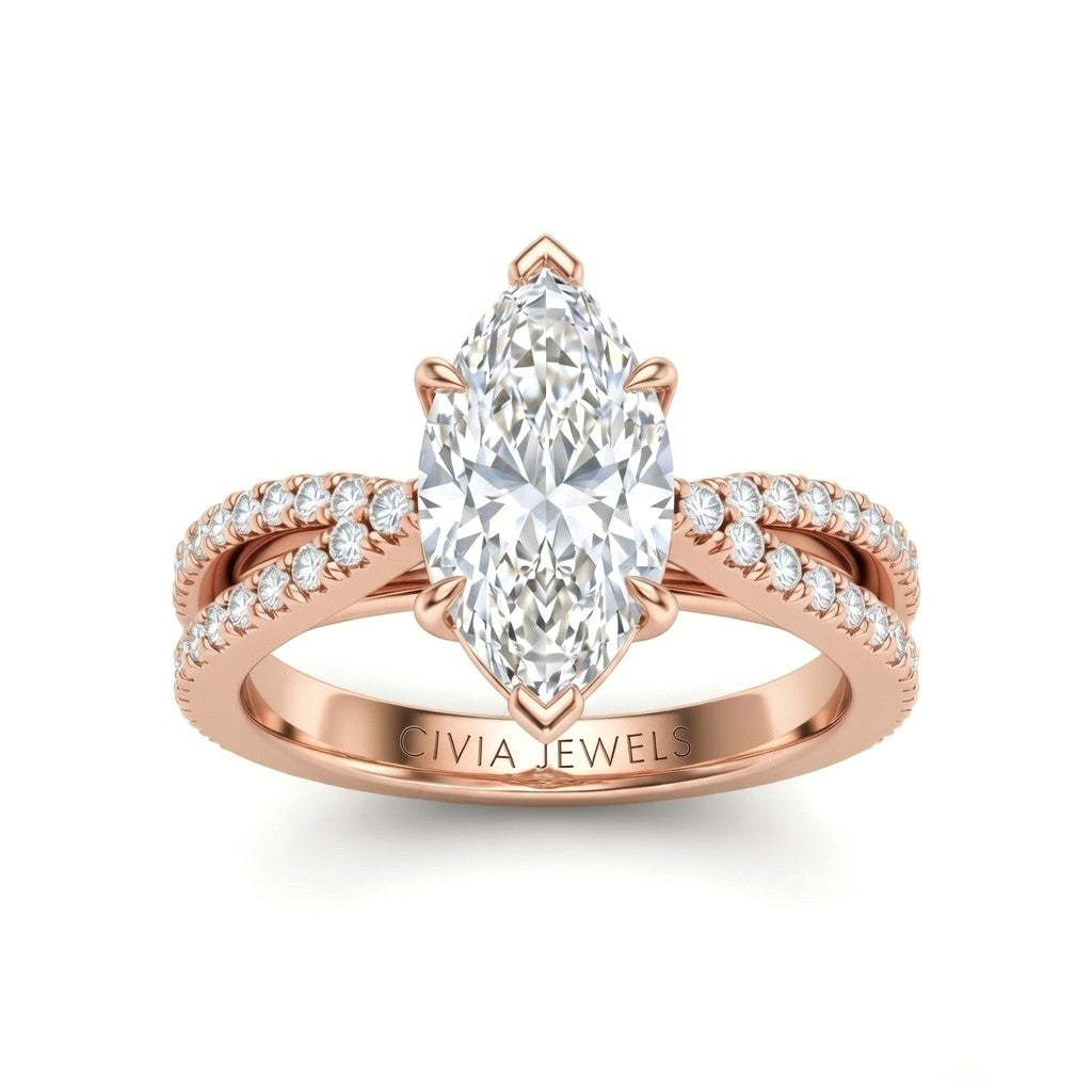 Rose Gold Marquise Cut Elevated Solitaire With Diamond Pavé Twisted Split Shank Engagement Ring
