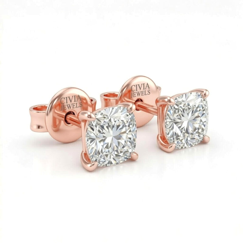 Rose Gold Cushion Cut Diamond Stud Earrings With Four Prong Setting