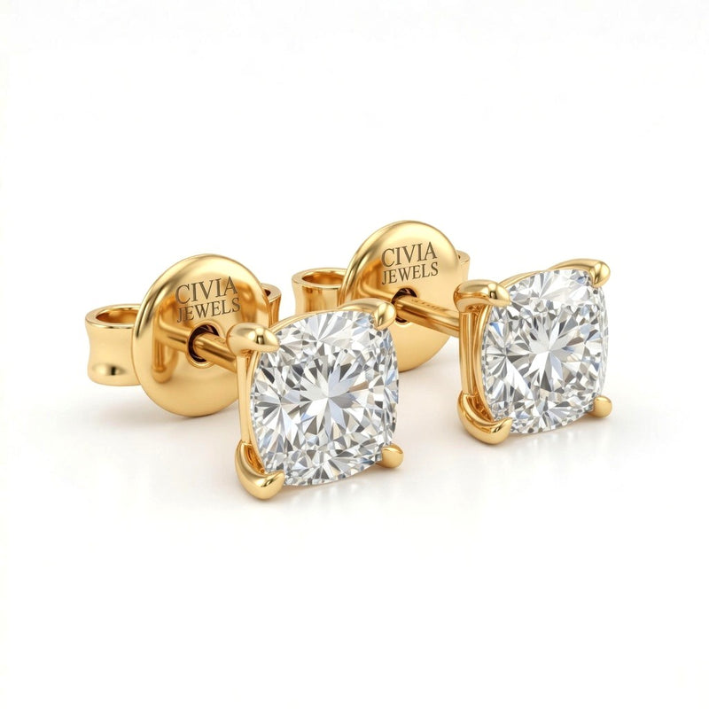 Yellow Gold Cushion Cut Diamond Stud Earrings With Four Prong Setting