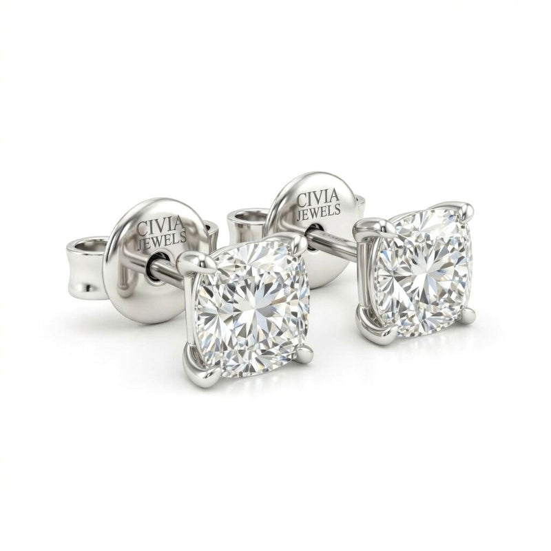 White Gold Cushion Cut Diamond Stud Earrings With Four Prong Setting