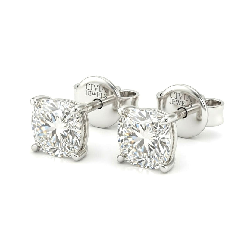 White Gold Cushion Cut Diamond Stud Earrings With Four Prong Setting