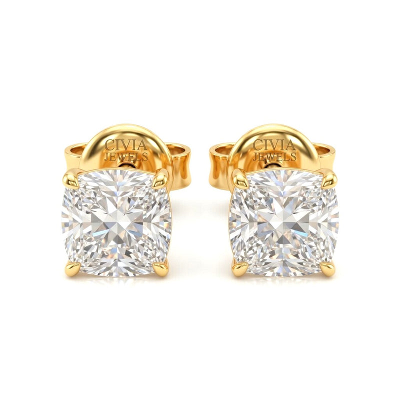 Yellow Gold Cushion Cut Diamond Stud Earrings With Four Prong Setting