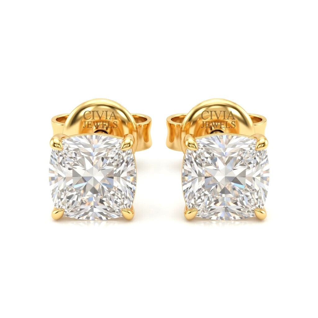 Yellow Gold Cushion Cut Diamond Stud Earrings With Four Prong Setting