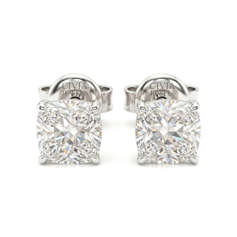 White Gold Cushion Cut Diamond Stud Earrings With Four Prong Setting