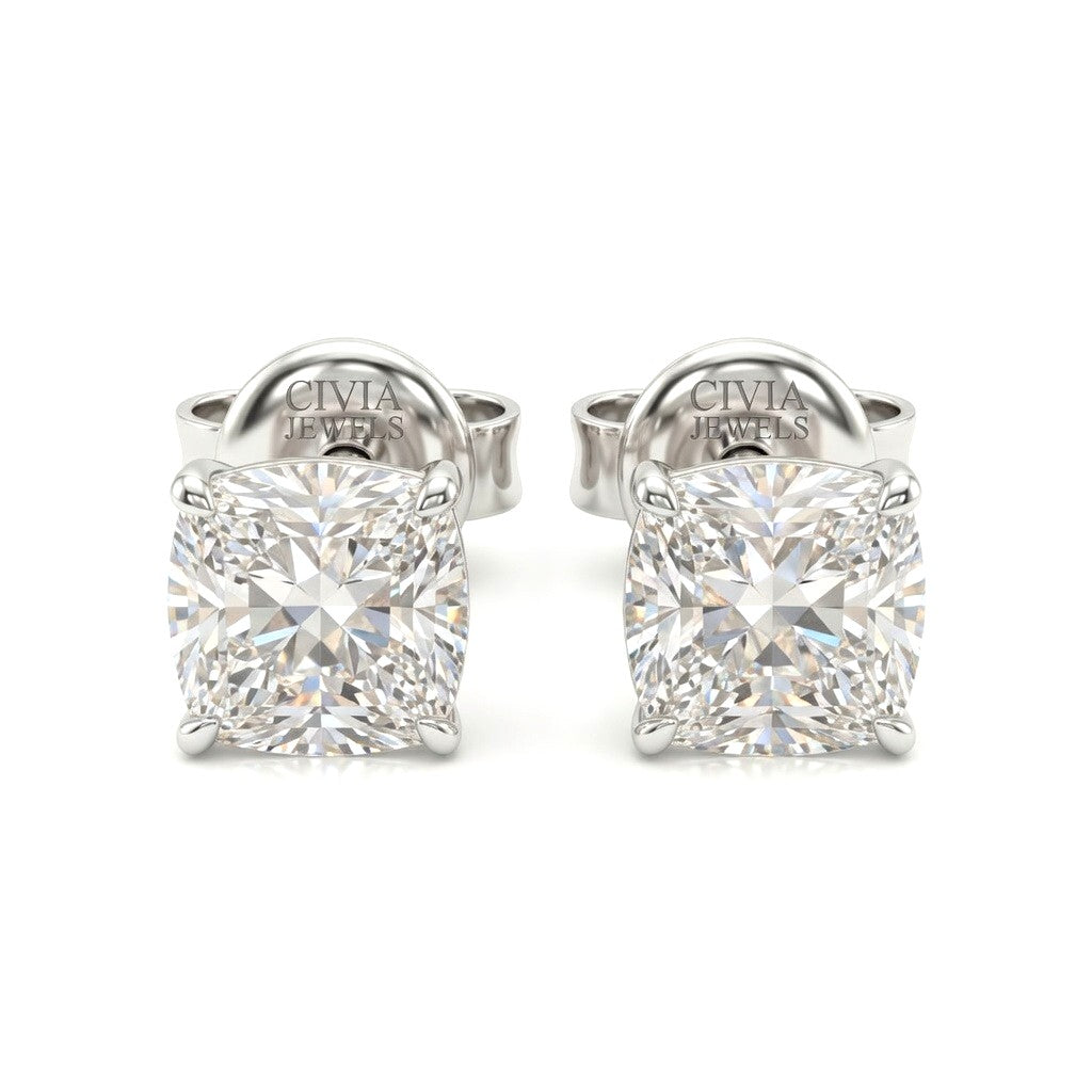 White Gold Cushion Cut Diamond Stud Earrings With Four Prong Setting