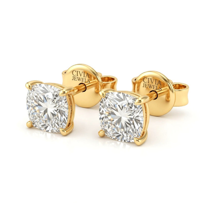 Yellow Gold Cushion Cut Diamond Stud Earrings With Four Prong Setting