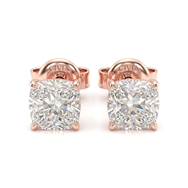 Rose Gold Cushion Cut Diamond Stud Earrings With Four Prong Setting
