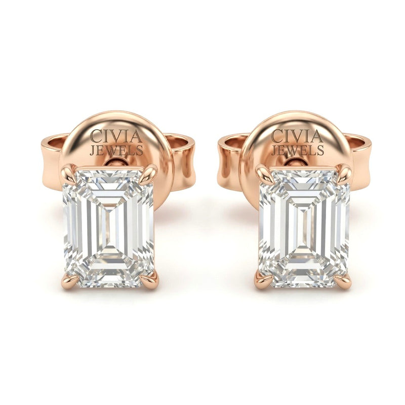 Rose Gold Emerald Cut Diamond Stud Earrings With Four Prong Setting
