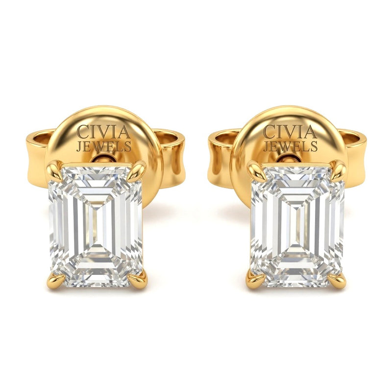 Yellow Gold Emerald Cut Diamond Stud Earrings With Four Prong Setting