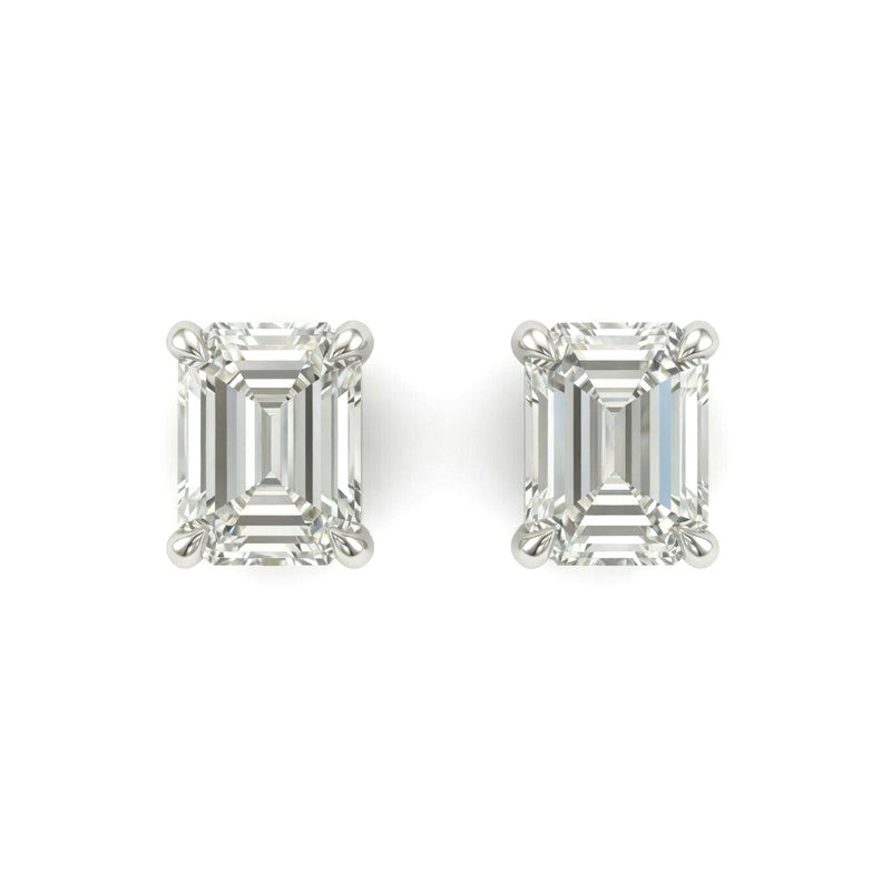 White Gold Emerald Cut Diamond Stud Earrings With Four Prong Setting