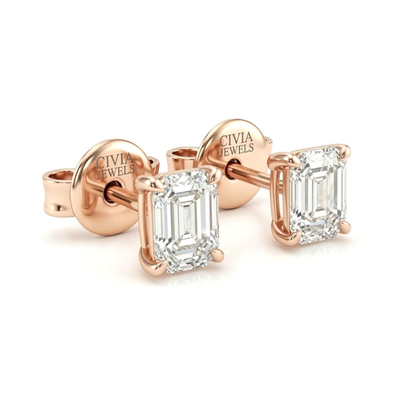 Rose Gold Emerald Cut Diamond Stud Earrings With Four Prong Setting