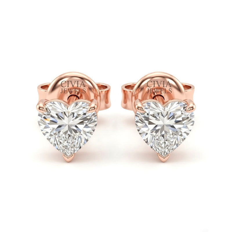 Rose Gold Heart Cut Diamond Stud Earrings With Four Prong Setting