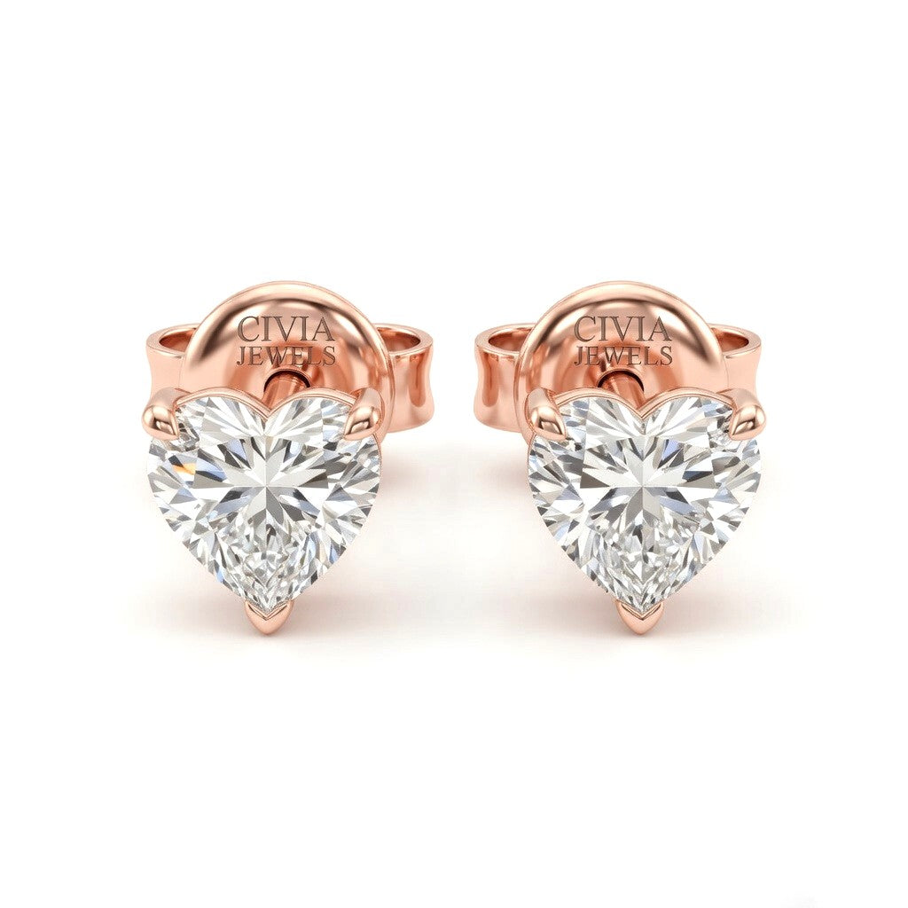 Rose Gold Heart Cut Diamond Stud Earrings With Four Prong Setting