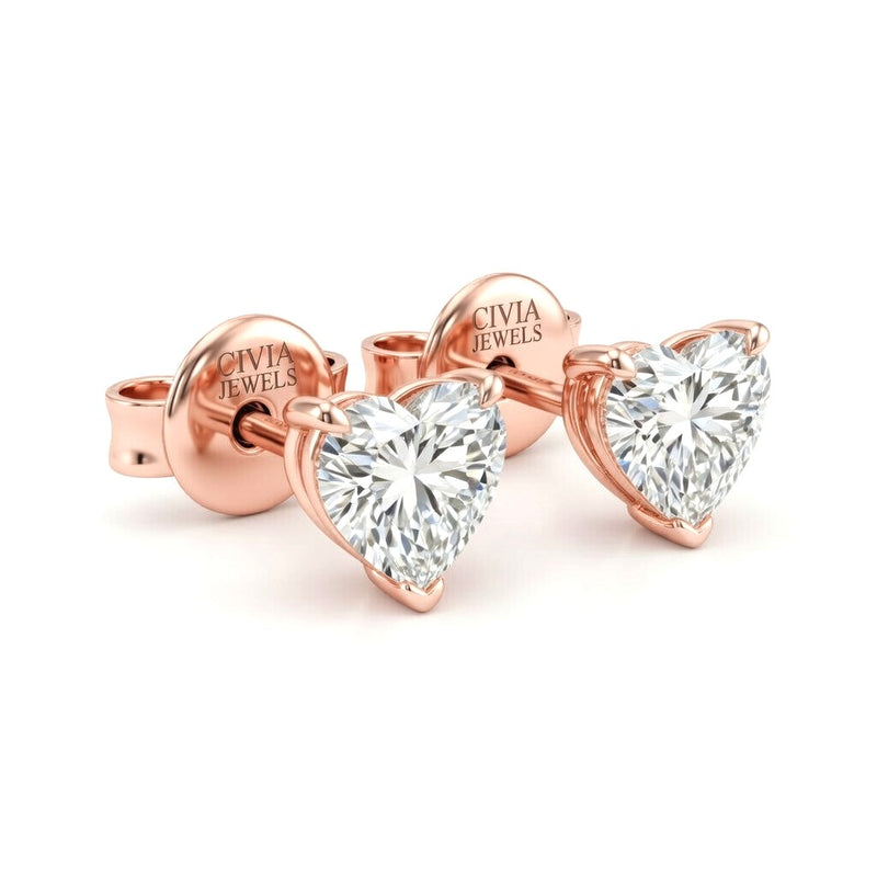 Rose Gold Heart Cut Diamond Stud Earrings With Four Prong Setting