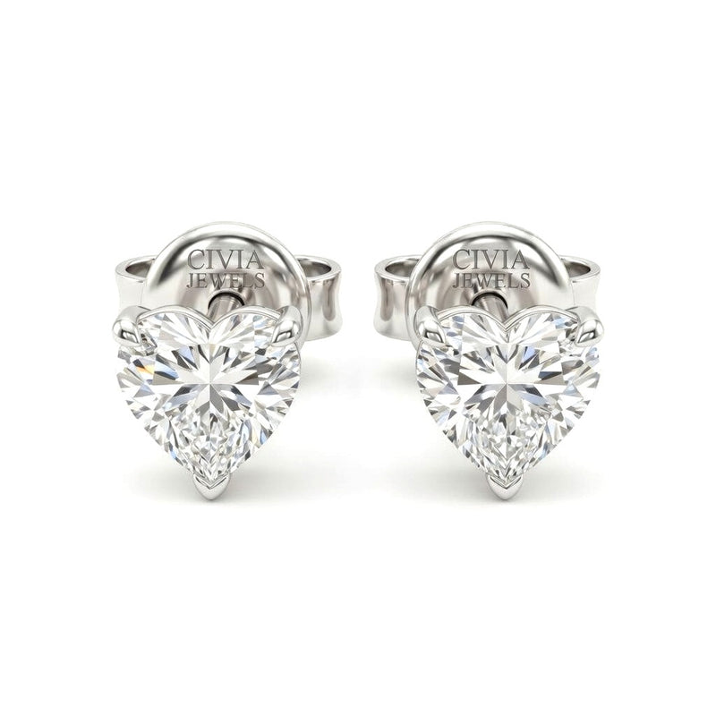 White Gold Heart Cut Diamond Stud Earrings With Four Prong Setting
