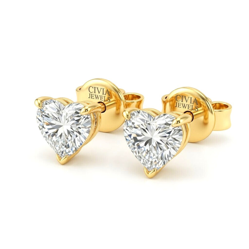 Yellow Gold Heart Cut Diamond Stud Earrings With Four Prong Setting