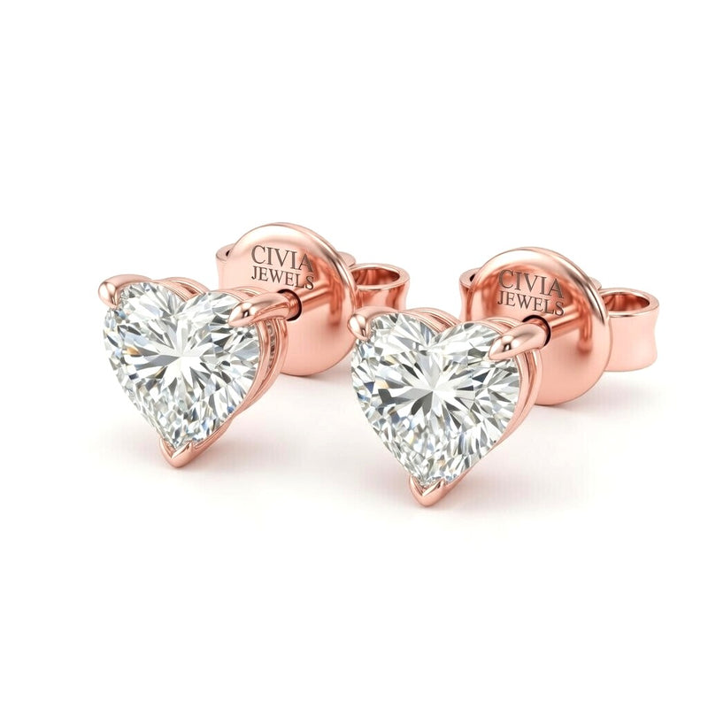 Rose Gold Heart Cut Diamond Stud Earrings With Four Prong Setting