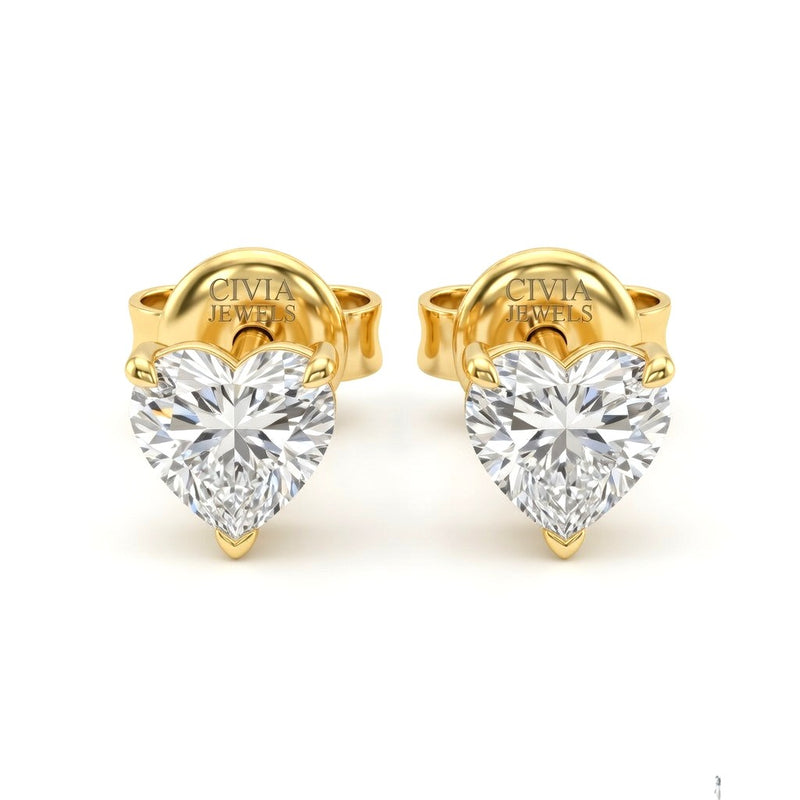 Yellow Gold Heart Cut Diamond Stud Earrings With Four Prong Setting