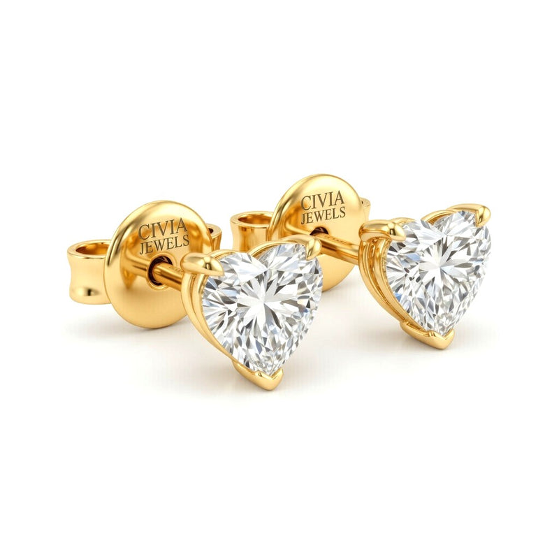 Yellow Gold Heart Cut Diamond Stud Earrings With Four Prong Setting