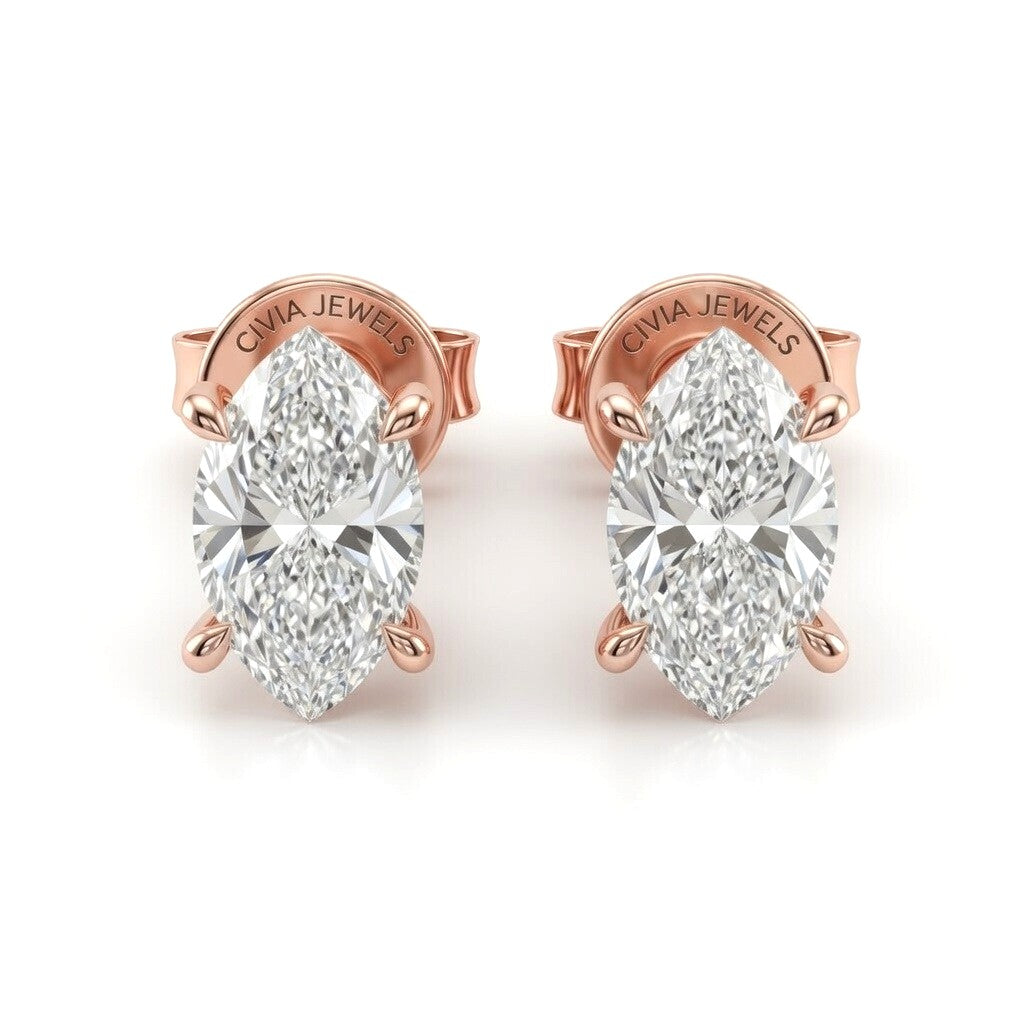 Rose Gold Marquise Cut Diamond Stud Earrings With Four Prong Setting