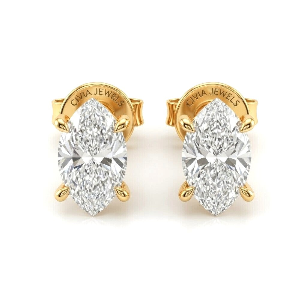 Yellow Gold Marquise Cut Diamond Stud Earrings With Four Prong Setting