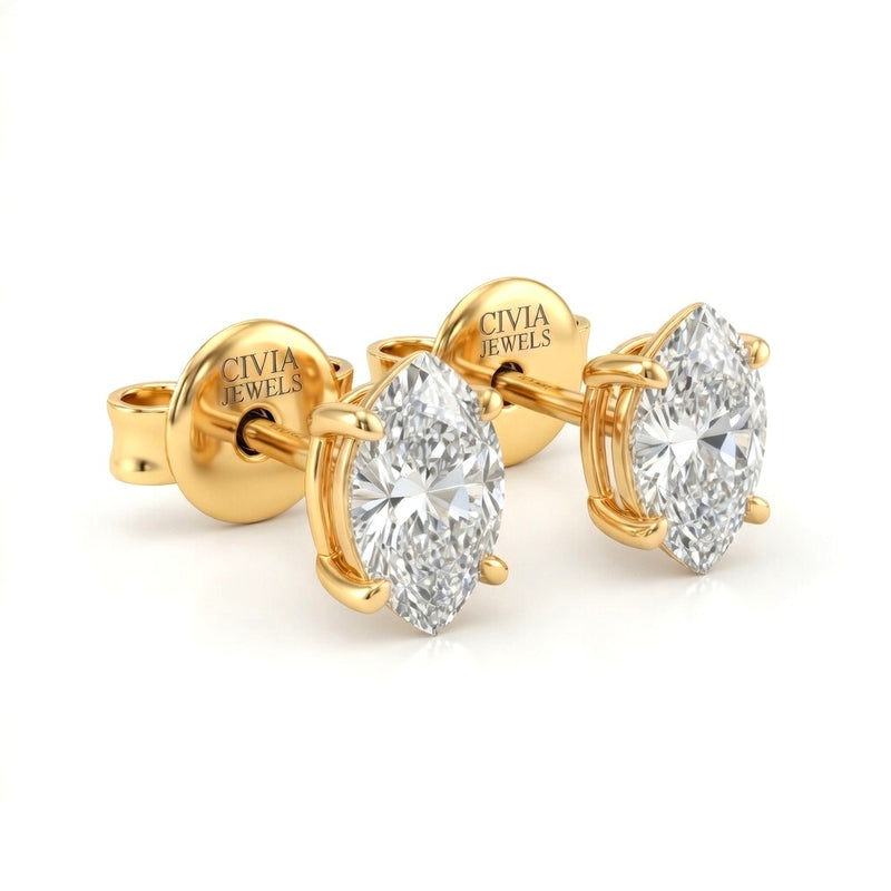 Yellow Gold Marquise Cut Diamond Stud Earrings With Four Prong Setting