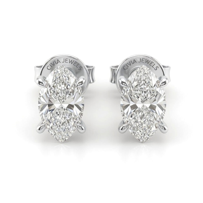 White Gold Marquise Cut Diamond Stud Earrings With Four Prong Setting