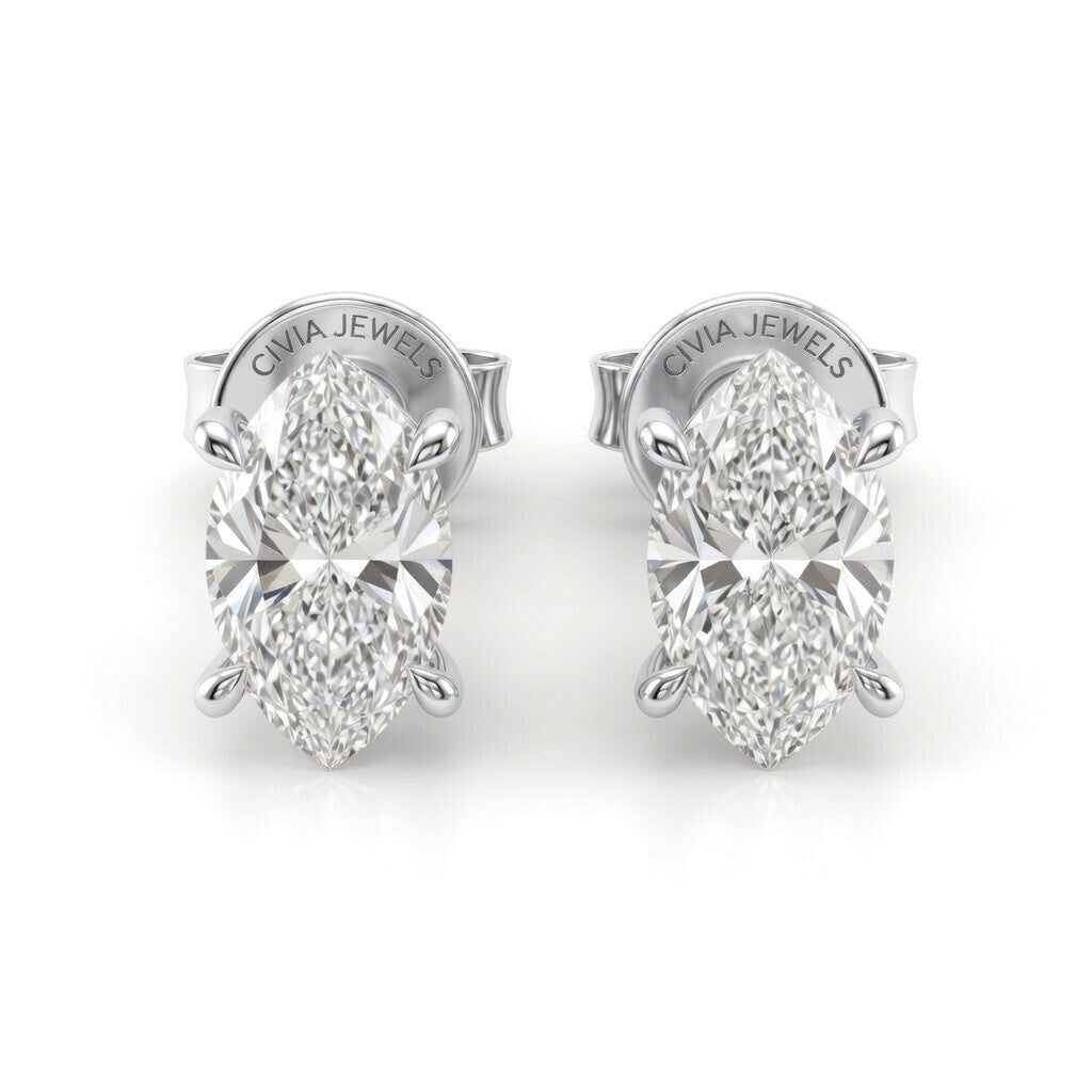 White Gold Marquise Cut Diamond Stud Earrings With Four Prong Setting
