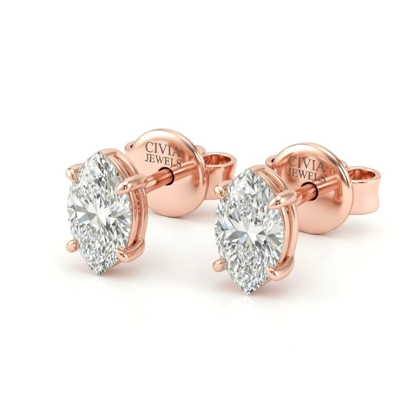 Rose Gold Marquise Cut Diamond Stud Earrings With Four Prong Setting