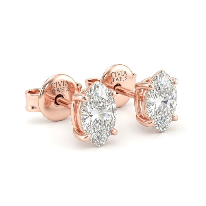 Rose Gold Marquise Cut Diamond Stud Earrings With Four Prong Setting