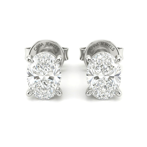 Silver Oval Cut Diamond Stud Earrings With Four Prong Setting