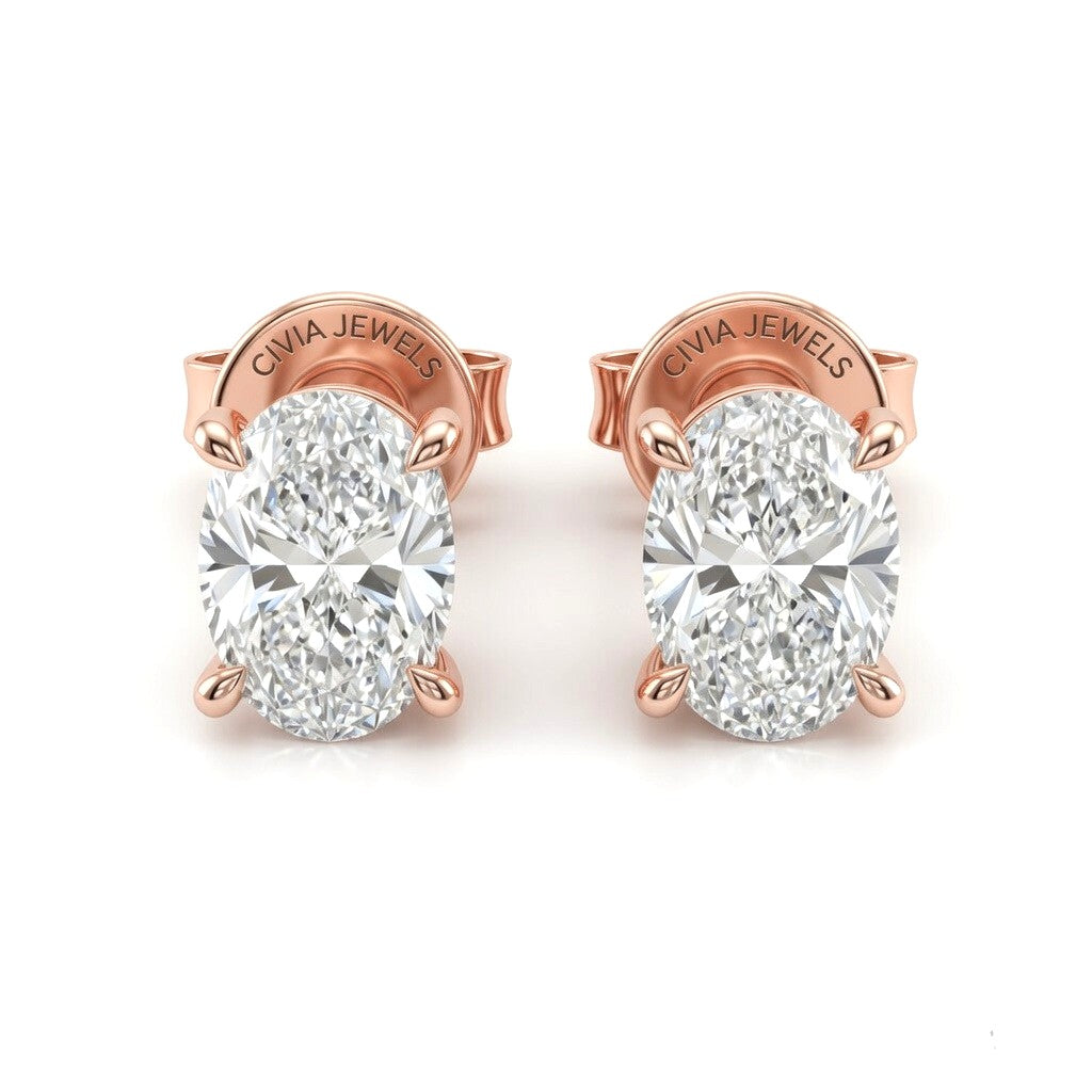 Rose Gold Oval Cut Diamond Stud Earrings With Four Prong Setting
