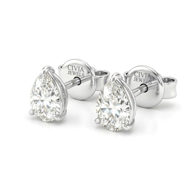 White Gold Pear Cut Diamond Stud Earrings With Four Prong Setting