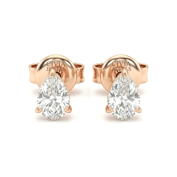 Rose Gold Pear Cut Diamond Stud Earrings With Four Prong Setting