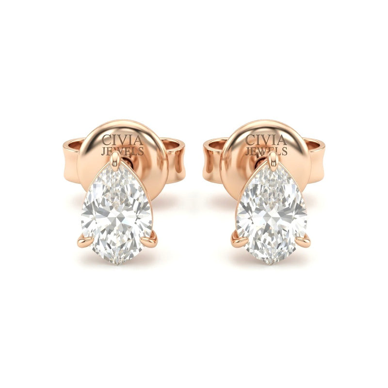 Rose Gold Pear Cut Diamond Stud Earrings With Four Prong Setting