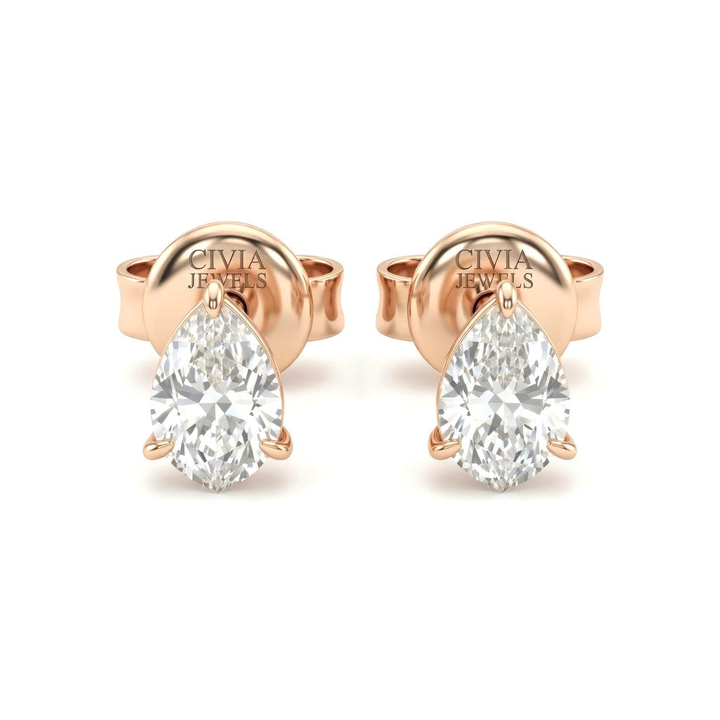Rose Gold Pear Cut Diamond Stud Earrings With Four Prong Setting
