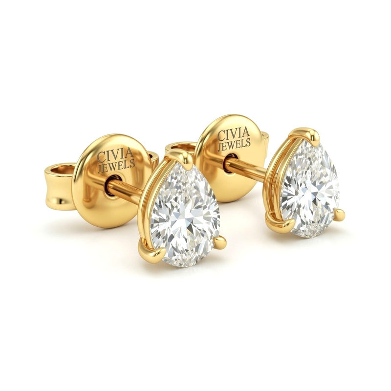 Yellow Gold Pear Cut Diamond Stud Earrings With Four Prong Setting