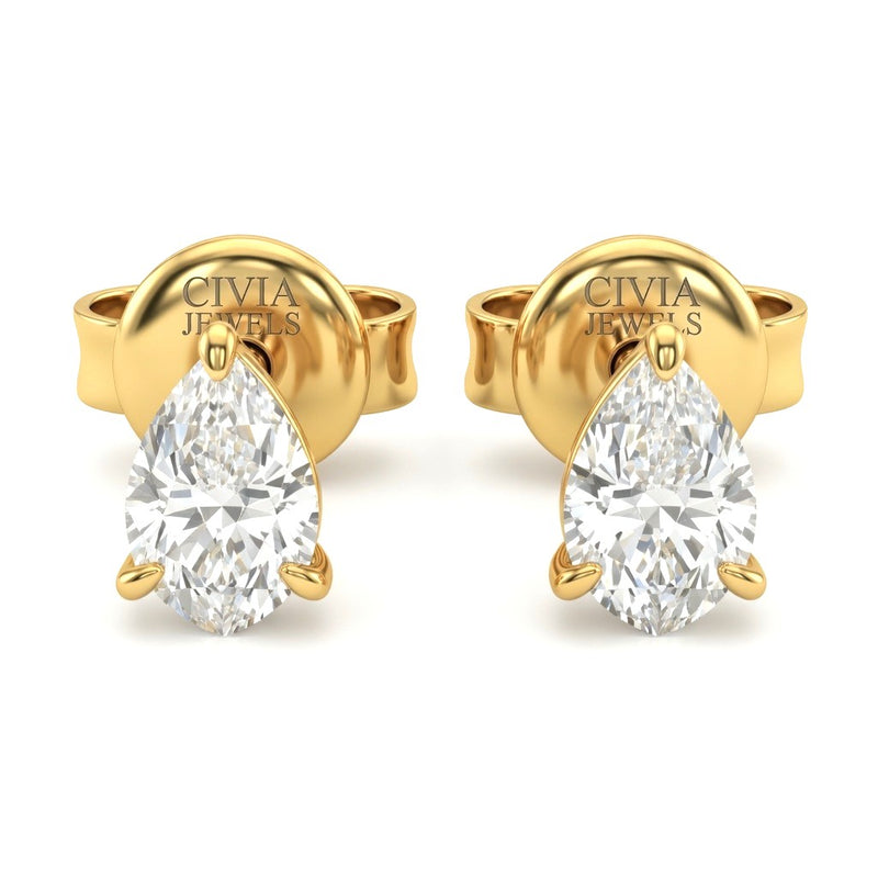 Yellow Gold Pear Cut Diamond Stud Earrings With Four Prong Setting