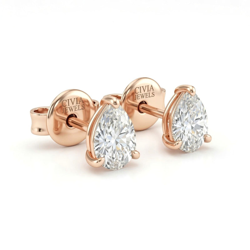 Rose Gold Pear Cut Diamond Stud Earrings With Four Prong Setting