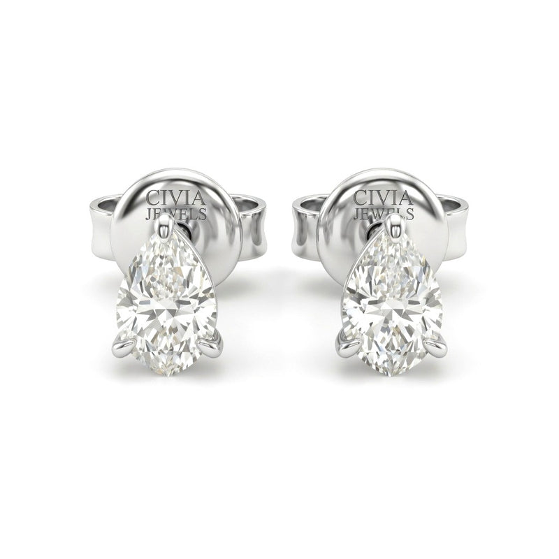 White Gold Pear Cut Diamond Stud Earrings With Four Prong Setting