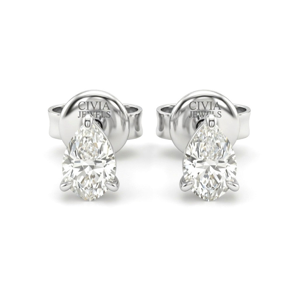 White Gold Pear Cut Diamond Stud Earrings With Four Prong Setting