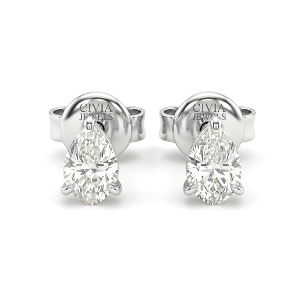 Silver Pear Cut Diamond Stud Earrings With Four Prong Setting