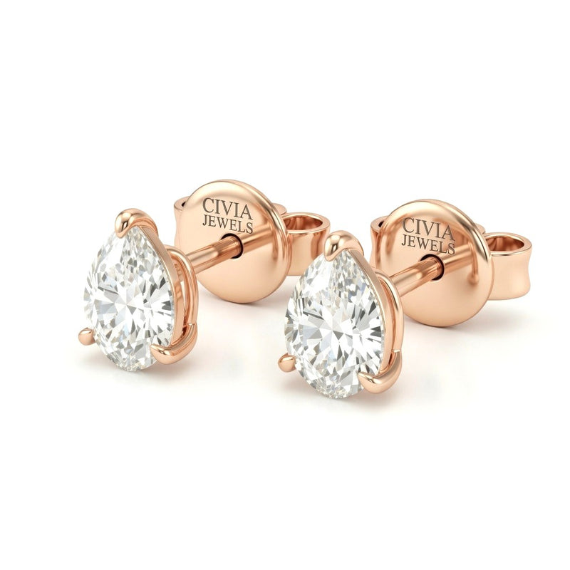 Rose Gold Pear Cut Diamond Stud Earrings With Four Prong Setting