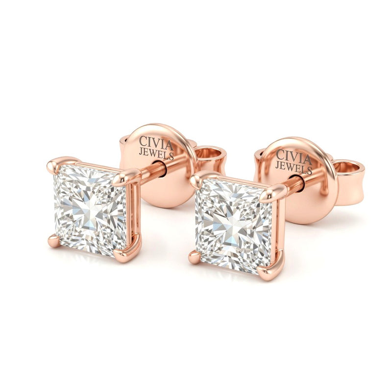 Rose Gold Princess Cut Diamond Stud Earrings With Four Prong Setting