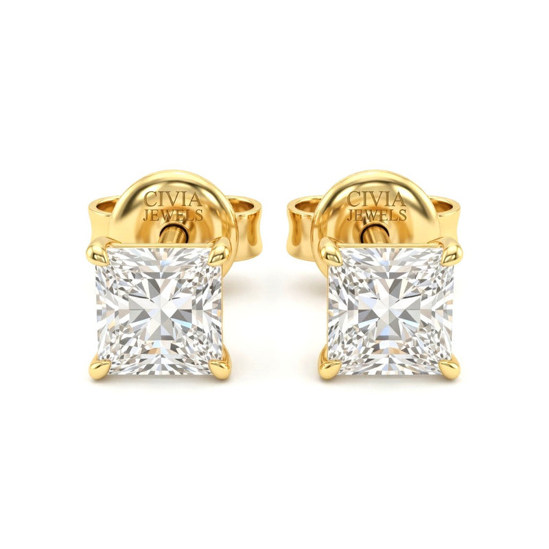 Yellow Gold Princess Cut Diamond Stud Earrings With Four Prong Setting