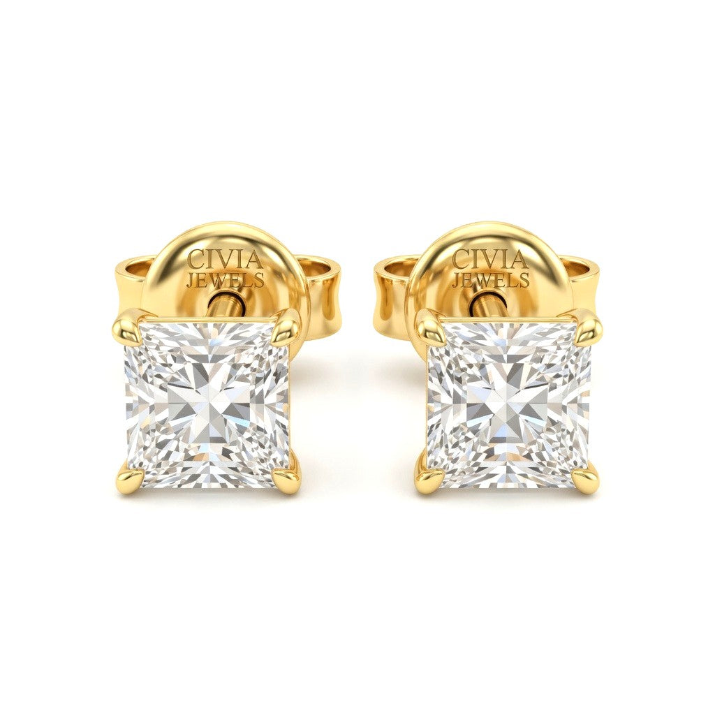Yellow Gold Princess Cut Diamond Stud Earrings With Four Prong Setting