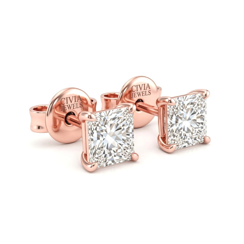 Rose Gold Princess Cut Diamond Stud Earrings With Four Prong Setting