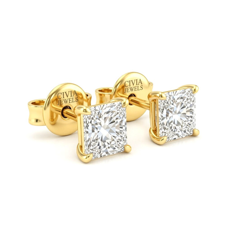 Yellow Gold Princess Cut Diamond Stud Earrings With Four Prong Setting
