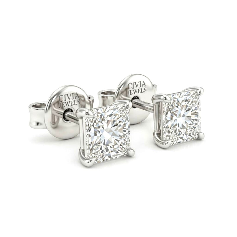 White Gold Princess Cut Diamond Stud Earrings With Four Prong Setting